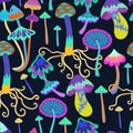 Seamless pattern with psychedelic and fairy colorful mushrooms. Vector hand drawn illustration.