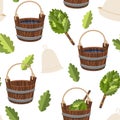 Seamless pattern public baths wood bucket spa sauna accessories