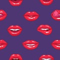 Seamless pattern with puffy female lips on purple background, symbol of love and passion. Backdrop with mouths