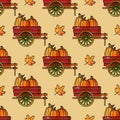 Seamless pattern with pumpkin, cart and leaves. Vector. Royalty Free Stock Photo