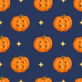 Seamless pattern with a pumpkin with a halloween face with stars. October harvest. Vector illustration for fabrics
