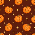 Seamless pattern with a pumpkin with a halloween face with stars. October harvest. Vector illustration for fabrics