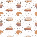Seamless pattern with pumpkin pies, muffins, donuts and croissants. Sweet autumn desserts