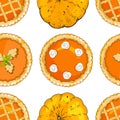 Seamless pattern with pumpkin pies and pumpkins. The theme of autumn and thanksgiving Royalty Free Stock Photo