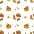 Seamless pattern with pumpkin slice, berries and pumpkin pie. Vector illustration in a cartoon flat style Royalty Free Stock Photo