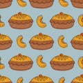 Seamless pattern with pumpkin slice, berries and pumpkin pie. Vector illustration in a cartoon flat style Royalty Free Stock Photo