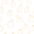 Seamless pattern of pumpkins drawn linearly golden. Simple botanical pattern with vegetables. For kitchen and product advertising