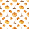 Seamless pattern with pumpkins and heats. Watercolor Background for textile, halloween decor, fall souvenirs