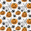 Seamless pattern with pumpkins, Jack lanterns, cute spiders, cobwebs. Vector backgrounds and textures for Halloween. Hand drawn Royalty Free Stock Photo