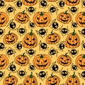 Seamless pattern with pumpkins, Jack lanterns, cute spiders, cobwebs. Vector backgrounds and textures for Halloween. Hand drawn Royalty Free Stock Photo