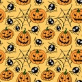 Seamless pattern with pumpkins, Jack lanterns, cute spiders, cobwebs. Vector backgrounds and textures for Halloween. Hand drawn Royalty Free Stock Photo