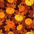 Seamless pattern with pumpkins and leaves.