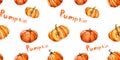 Seamless pattern with pumpkins and lettering for halloween and Fall on white background. Watercolor hand painted orange round and