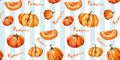 Seamless pattern with pumpkins and lettering for halloween and Fall on white and blue striped background. Watercolor hand painted