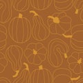 Seamless pattern of pumpkins line art in monochrome brown color. Simple Texture of pumpkins, squash and gourd. Repeatable motif Royalty Free Stock Photo