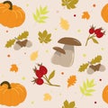 Seamless pattern with pumpkins, mushrooms, rosehips on a beige background