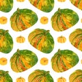 Seamless pattern with pumpkins. Watercolor autumn background with green and yellow and orange pumpkin for thanksgiving day decor, Royalty Free Stock Photo