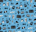 Seamless pattern. Punk rock music on blue background. Doodle style elements, emblems, badges, logo and icons.