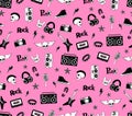 Seamless pattern. Punk rock music isolated on pink background. Doodle style elements, emblems, badges, logo and icons. Royalty Free Stock Photo