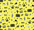 Seamless pattern. Punk rock music on yellow background. Doodle style elements, emblems, badges, logo and icons. Royalty Free Stock Photo