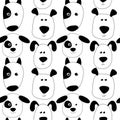 Seamless pattern with puppies in doodle style. Black and white vector dogs background