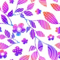 Seamless pattern of purple and blue decorative tree leaves and flowers. hand drawing. Not AI, Vector illustration Royalty Free Stock Photo