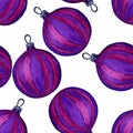 Seamless pattern of purple Christmas balls. Watercolour illustration of hand painted. Holiday ornamental decorations.