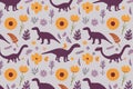 Seamless pattern with purple dinosaurs and flower leaves in boho vector style