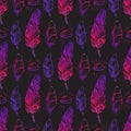 Seamless pattern with purple feathers and crystals gems. Vector illustration. Royalty Free Stock Photo