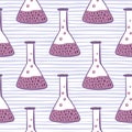 Seamless pattern with purple flask ornament. Labaratory experiment elements on striped blue backround.