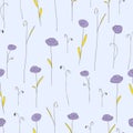 Seamless pattern with purple flowers. Lilac background with stylized doodle roses.