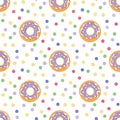 Seamless pattern of purple frosted donuts and colorful dots on white background Royalty Free Stock Photo