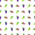 Seamless pattern with purple, green and red grapes on white background. Bunch of purple grapes with stem and leaf. Vector Royalty Free Stock Photo