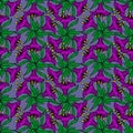 seamless pattern of purple large exotic flowers with a black outline on a blue background