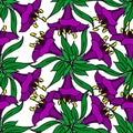 seamless pattern of purple large exotic flowers with a black outline on a white background