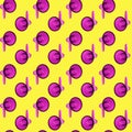 Seamless pattern of purple megaphones on yellow background isolated, pink loudspeakers art backdrop, violet loudhailers ornament