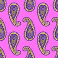 Seamless pattern with purple Paisley motifs on pink background Royalty Free Stock Photo