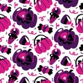 Seamless pattern of purple, pink and black colors for Halloween. Crazy pumpkin, pumpkin basket with candies, lollipops