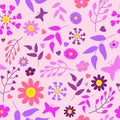 seamless pattern of purple pink floral garden in summer and spring season