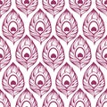 seamless pattern of purple stylized peacock feathers on a white background
