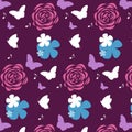 Seamless pattern of a purple and white butterfly with a blue and red flower on a purple background, graphic design print Royalty Free Stock Photo