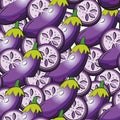 Seamless pattern - purple whole eggplant and round eggplant pieces.