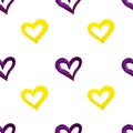 Seamless pattern purple and yellow hand drawn hearts on white background isolated, watercolor painted heart shape repeat ornament Royalty Free Stock Photo