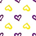 Seamless pattern purple and yellow hand drawn hearts on white background isolated, watercolor painted heart repeating ornament Royalty Free Stock Photo
