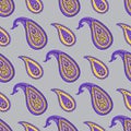 Seamless pattern with purple and yellow Paisley motifs on gray background Royalty Free Stock Photo