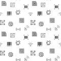 Seamless pattern of QR Code, barecode. Contains icons such as wireless RFID chip and radio-frequency identificationscanner,