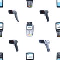 Seamless Pattern With Qr Code Scanners And Pos Terminals, Combining Technology And Commerce, Tile Background, Wallpaper