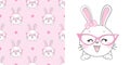 Seamless Pattern Rabbit and bow. Hand Drawn Bunny and heart, print design rabbit background. Vector Seamless Royalty Free Stock Photo