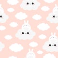 Seamless Pattern. Rabbit bunny face holding cloud in the sky. Cute cartoon kawaii funny smiling baby character. Nursery decoration