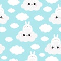 Seamless Pattern. Rabbit bunny face holding cloud in the sky. Cute cartoon kawaii funny smiling baby character. Nursery decoration